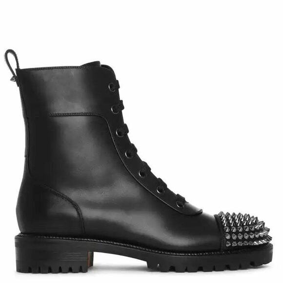 Christian Louboutin TS Croc Flat Black Calf Leather Spike Combat Ankle Boot 36 - Picture 3 of 9